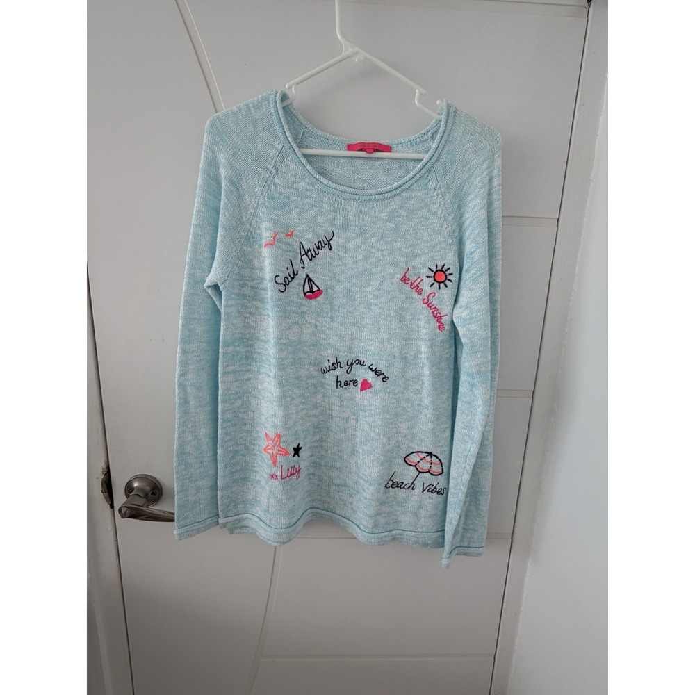 Lilly Pulitzer Danette Sweater L Blue Sailabration Embroidery Beach Nautical
